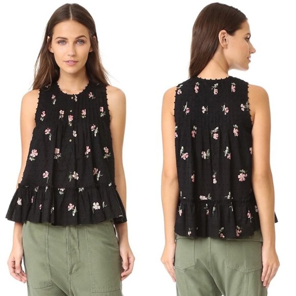 Ulla Johnson Cecile Blouse Black‎ Floral Peplum Size 0 / XS Peplum Top Bohemian - Picture 1 of 9